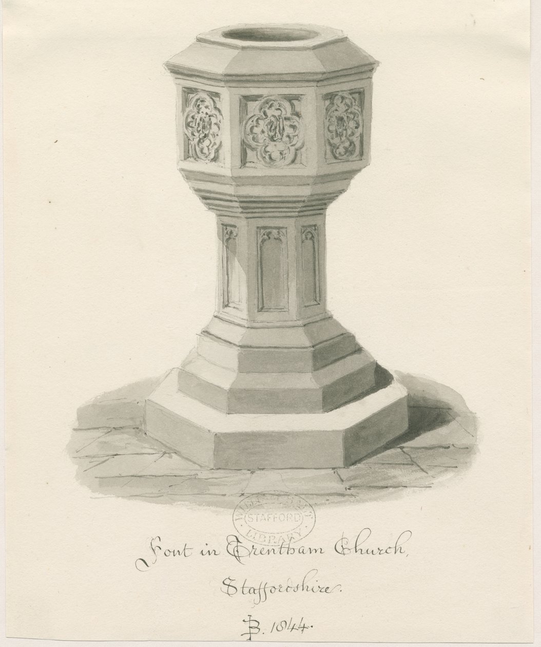 Pila Bautismal en la Iglesia de Trentham de John Buckler
