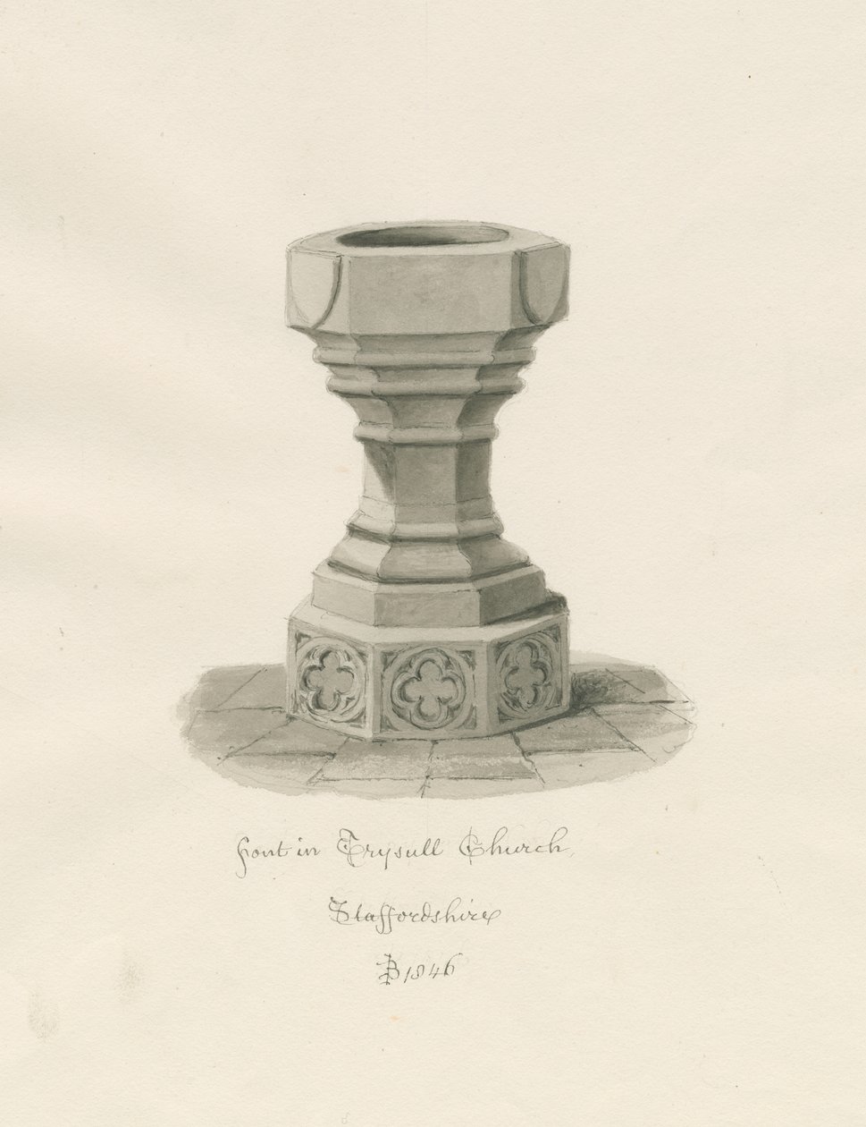 Fuente en la Iglesia de Trysull: dibujo en sepia de John Buckler