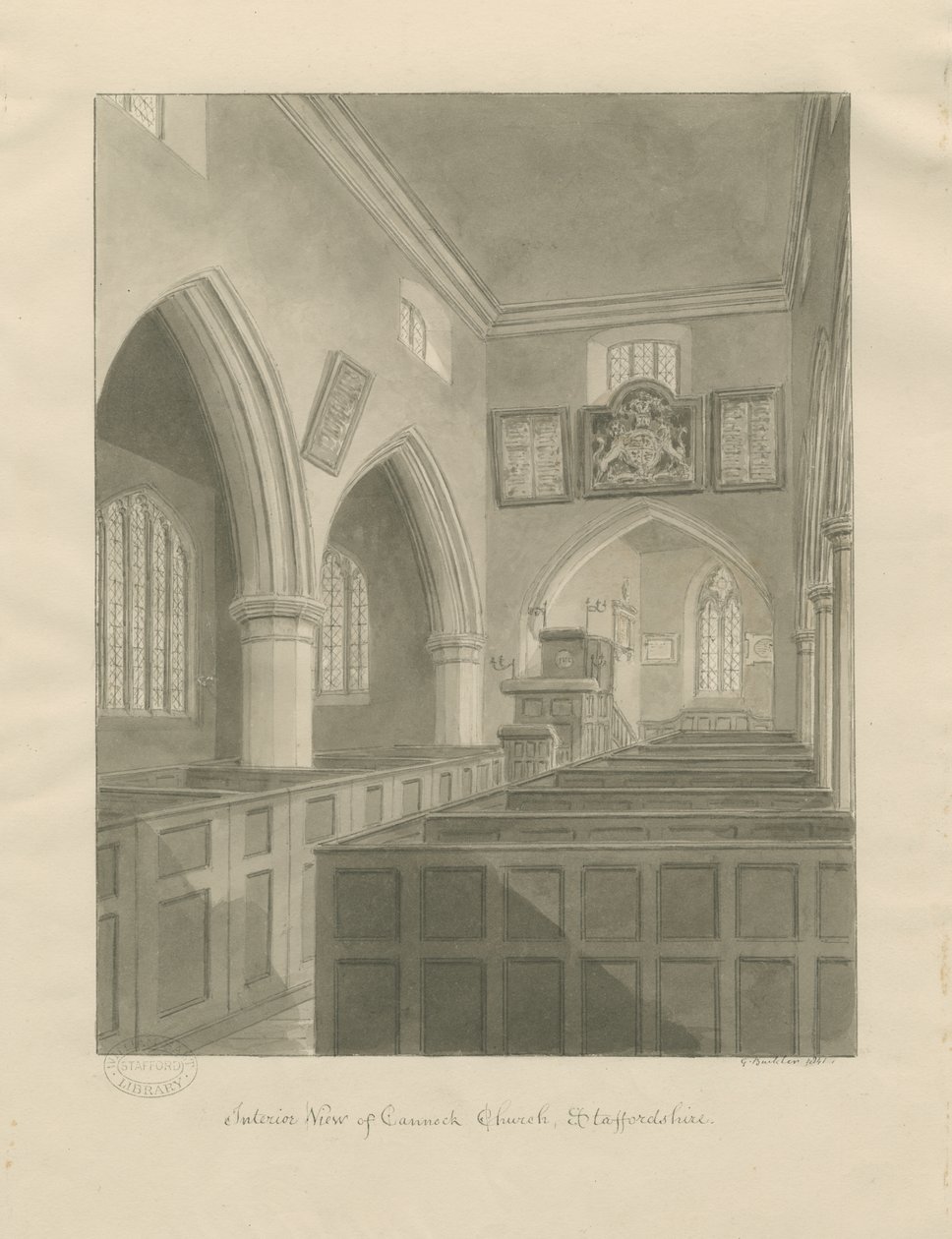 Interior de la Iglesia de Cannock: dibujo en sepia de John Buckler