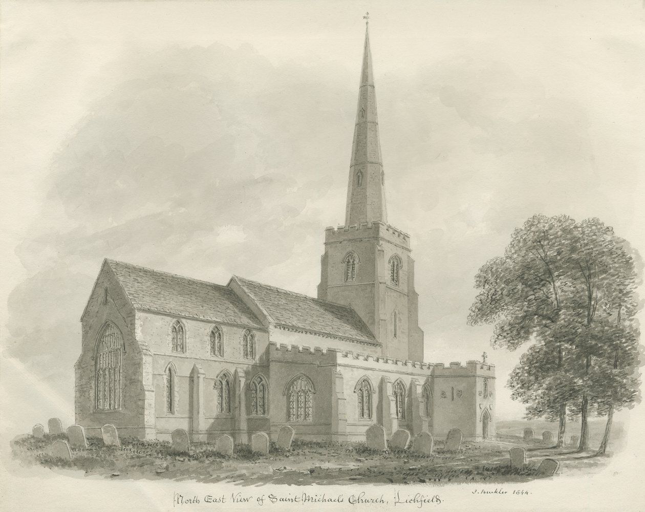 Lichfield - Iglesia de San Miguel: dibujo en sepia de John Buckler