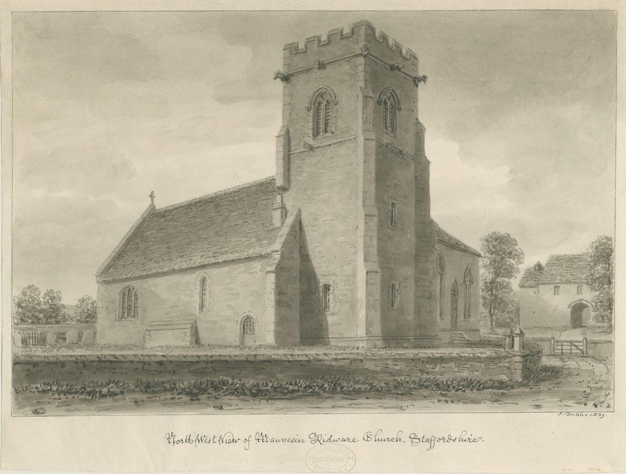 Iglesia de Mavesyn Ridware: dibujo en sepia, 1839 de John Buckler