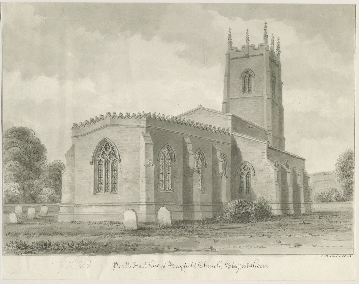 Iglesia de Mayfield: dibujo en sepia, 1844 de John Buckler