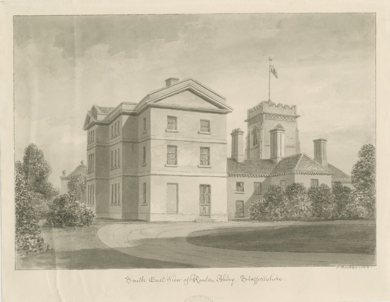 Abadía de Ranton [Priory]: dibujo en sepia, 1842 de John Buckler