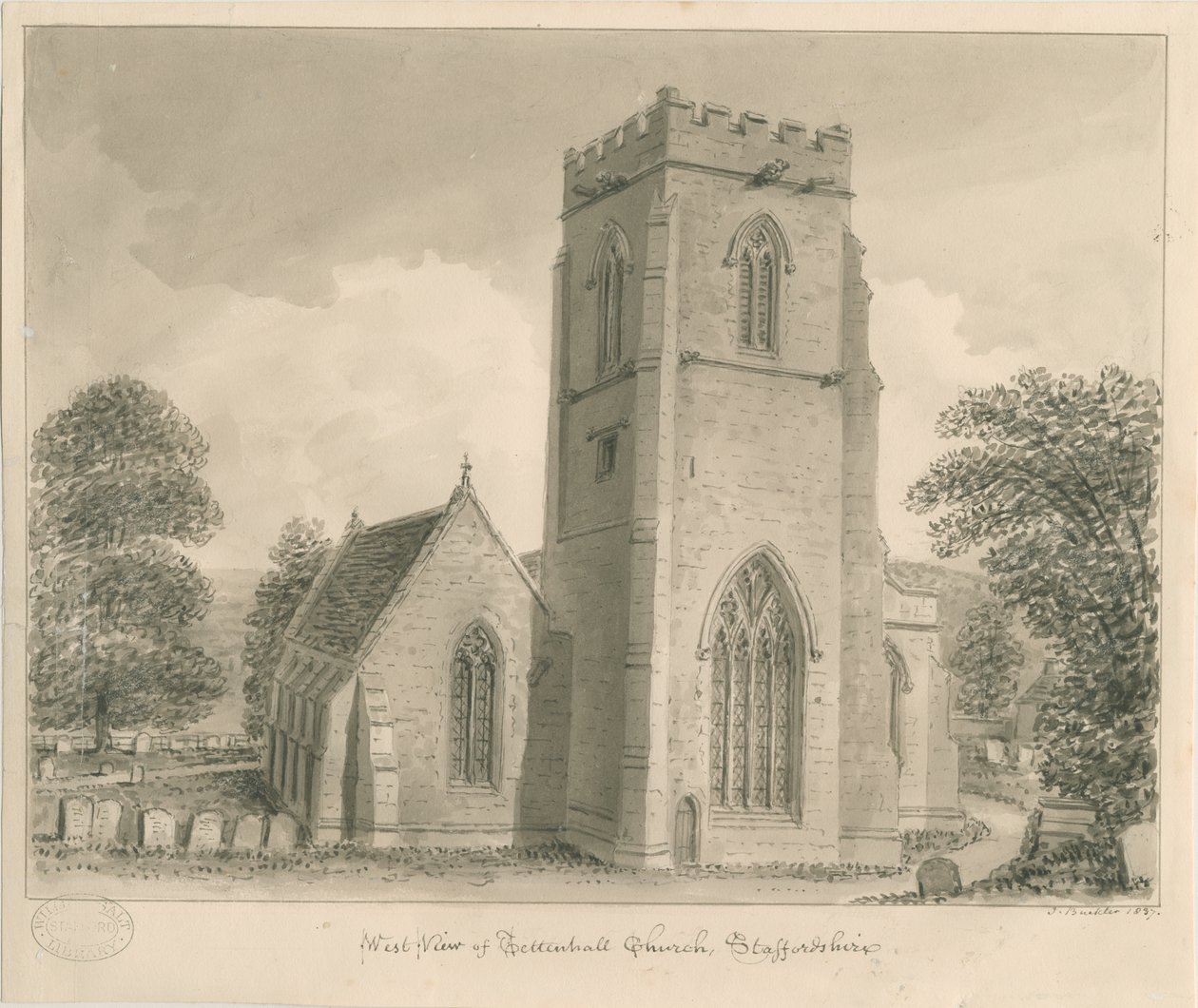 Iglesia de Tettenhall: dibujo en sepia, 1837 de John Buckler