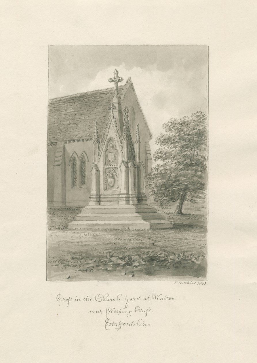 Iglesia de Walton-on-the-Hill - Cruz del cementerio: dibujo en sepia de John Buckler