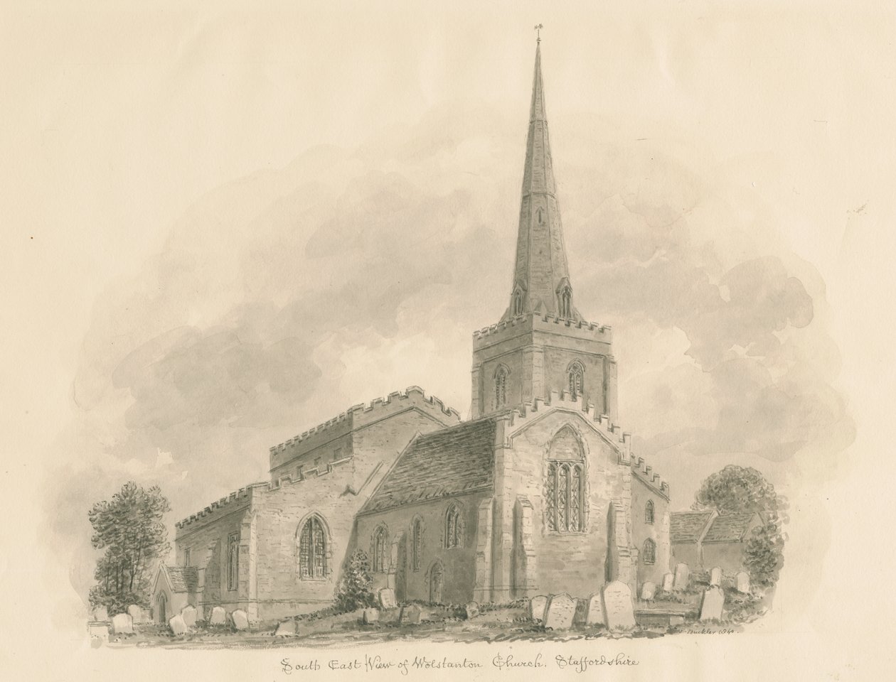 Iglesia de Wolstanton: dibujo en sepia de John Buckler