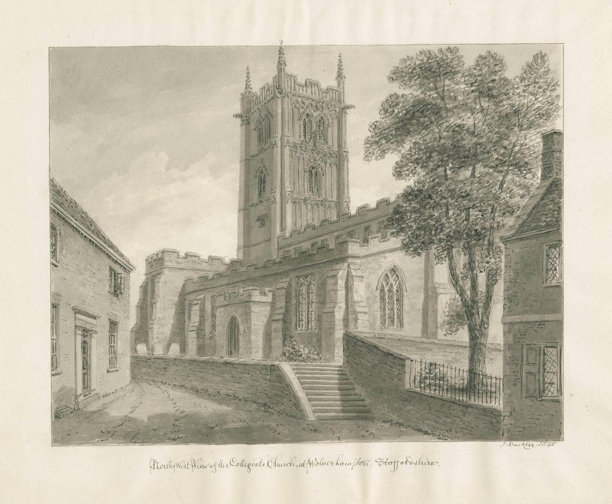 Wolverhampton - Iglesia de San Pedro: dibujo en sepia de John Buckler