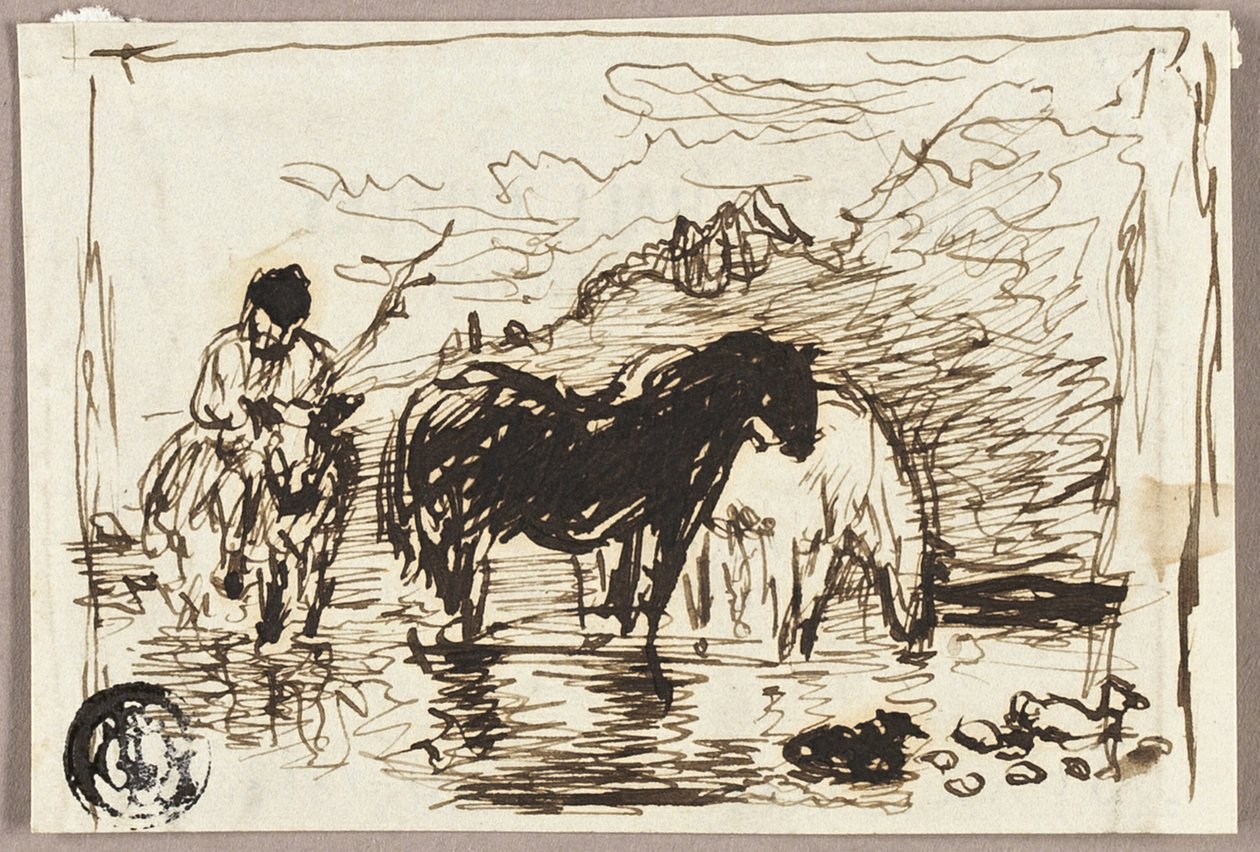 Boceto de caballos bebiendo de John Burnet