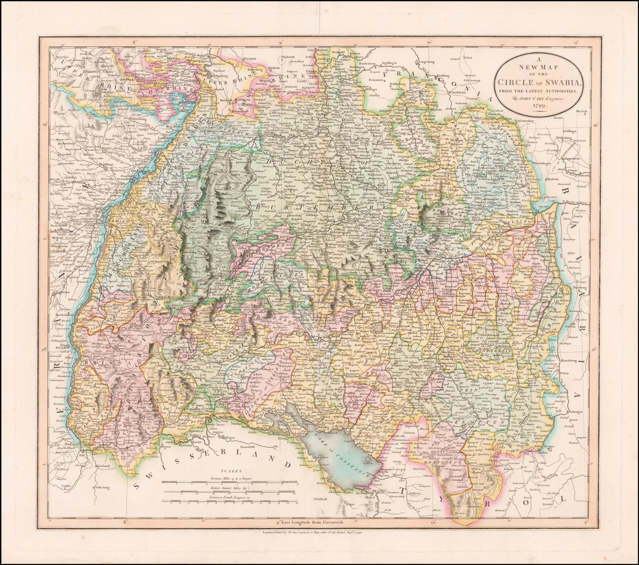Mapa de Suabia de 1799 por John Cary de John Cary
