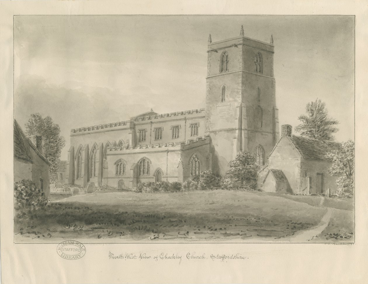 Iglesia de Checkley: dibujo en sepia de John Chessell Buckler