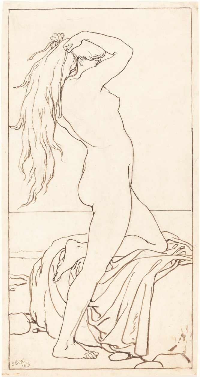 Desnudo de pie atándose el cabello de John Dawson Watson