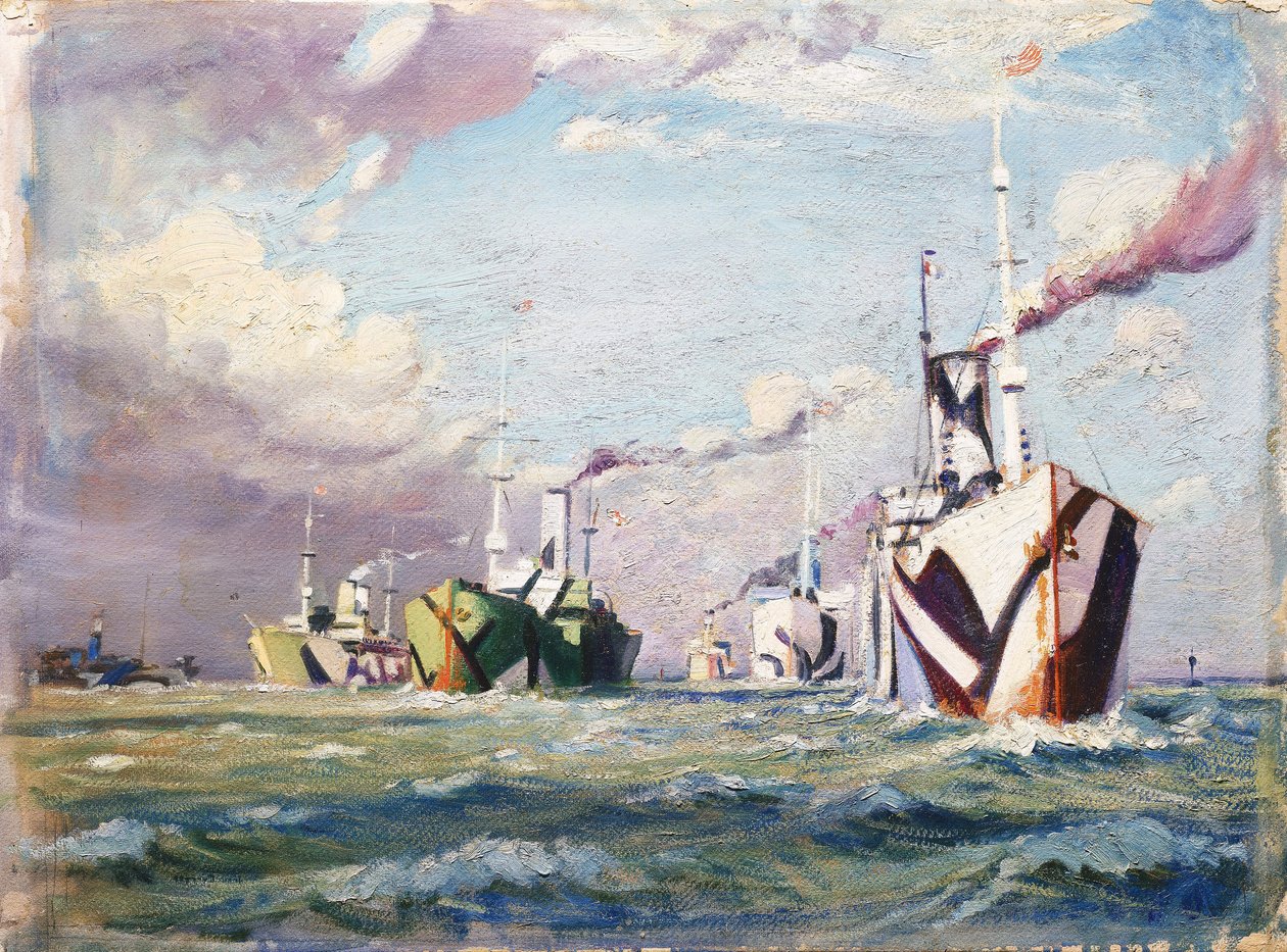 Un Cunarder (barco de vapor), c.1918 (óleo sobre cartón) de John Everett