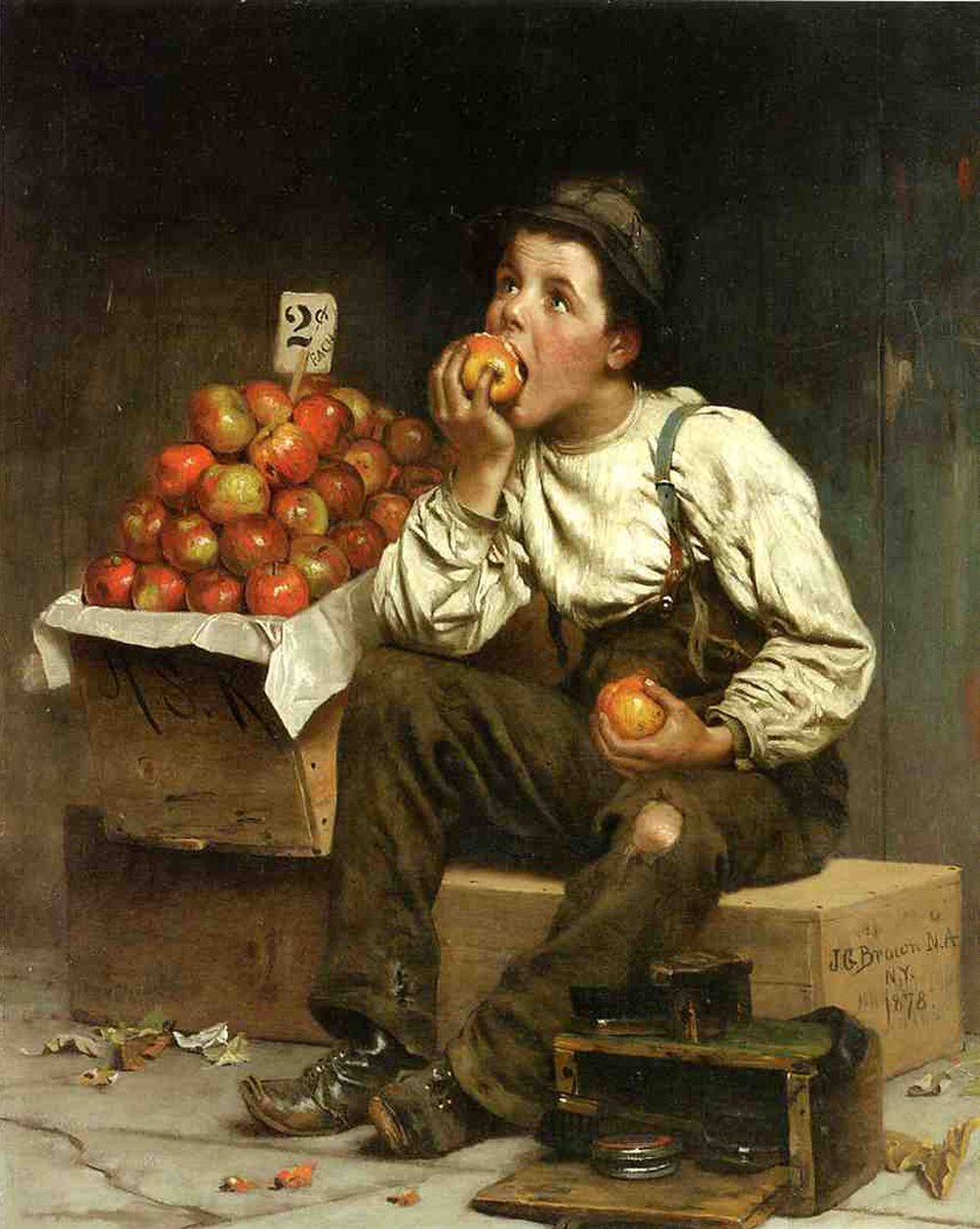 Un niño comiendo manzanas, 1878 de John George Brown
