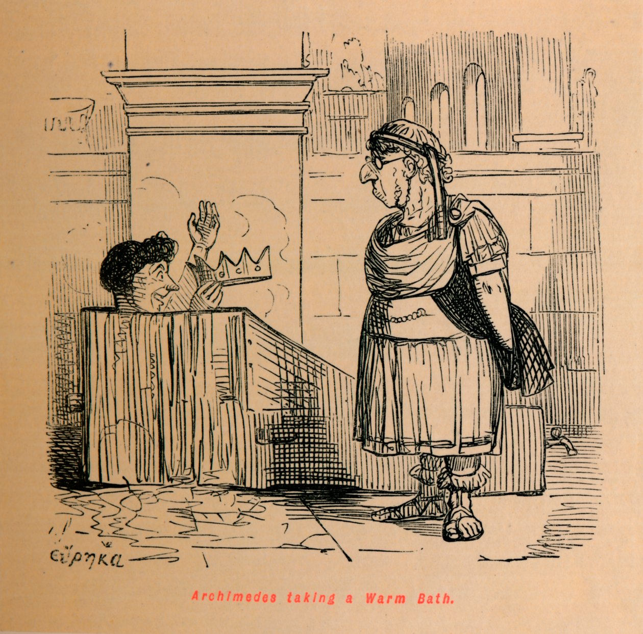 Arquímedes tomando un baño caliente, 1852 de John Leech