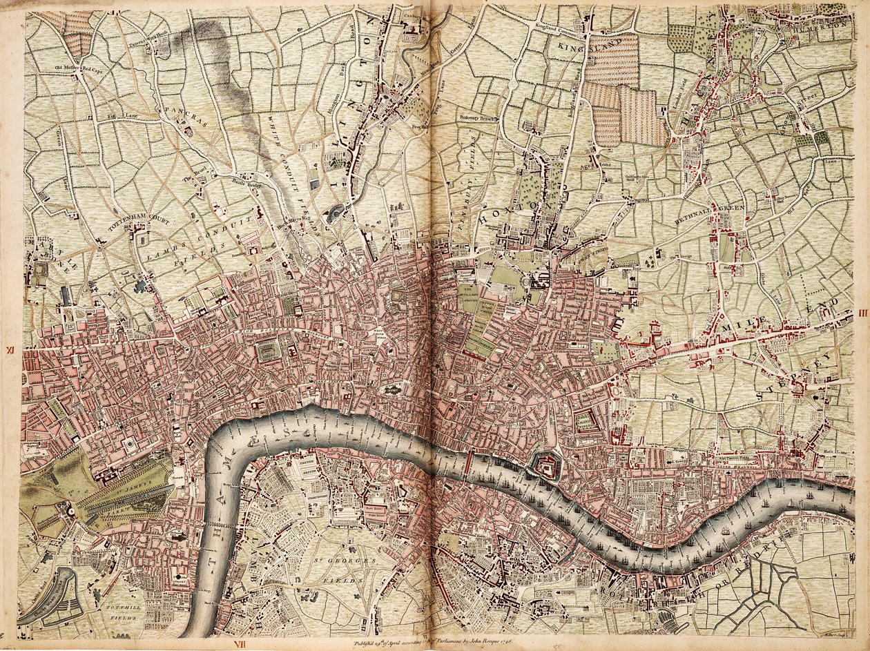 Mapa de Islington, Westminster, City y Southwark de John Rocque
