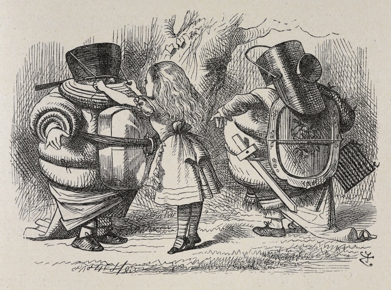 Alice vistiendo a Tweedledee y Tweedledum. de John Tenniel