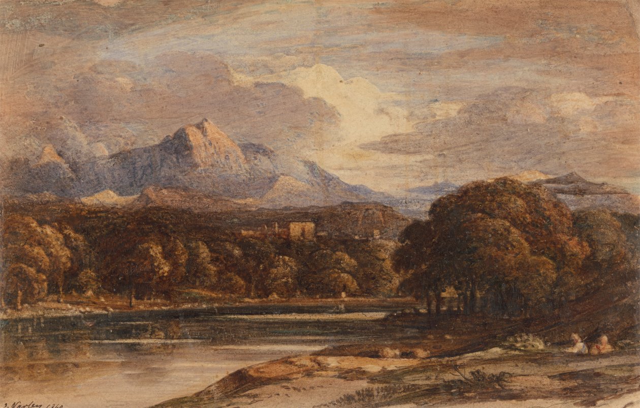 Paisaje montañoso con lago de John Varley