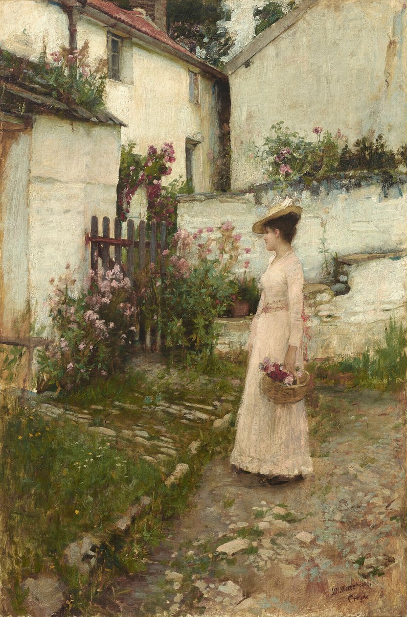 Recolección de flores en un jardín de Devonshire de John William Waterhouse