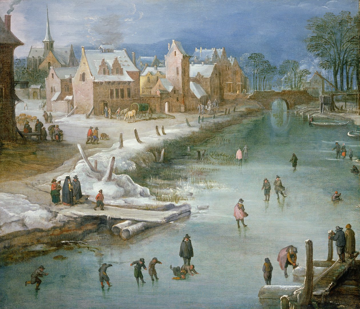 Patinadores en un río congelado junto a una ciudad de Joos or Josse de Momper