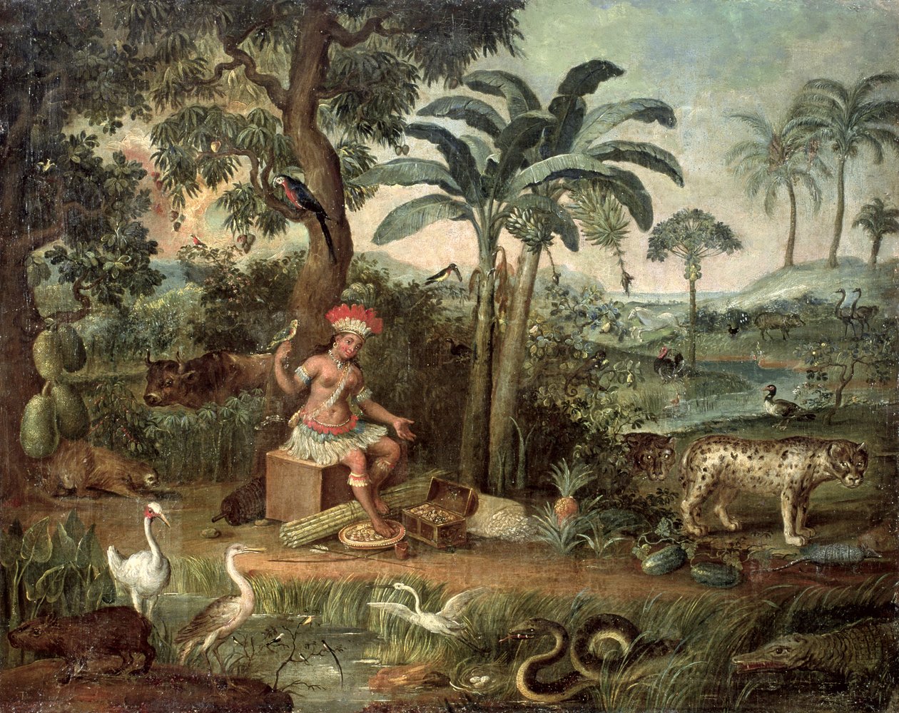 Indio Nativo en un paisaje con animales de Jose Teofilo de Jesus