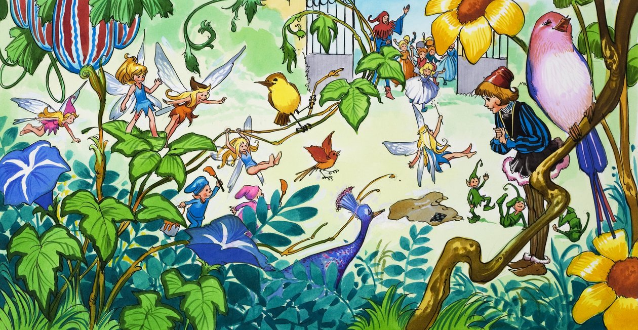Hadas en el jardín (gouache sobre papel) de Jose Ortiz