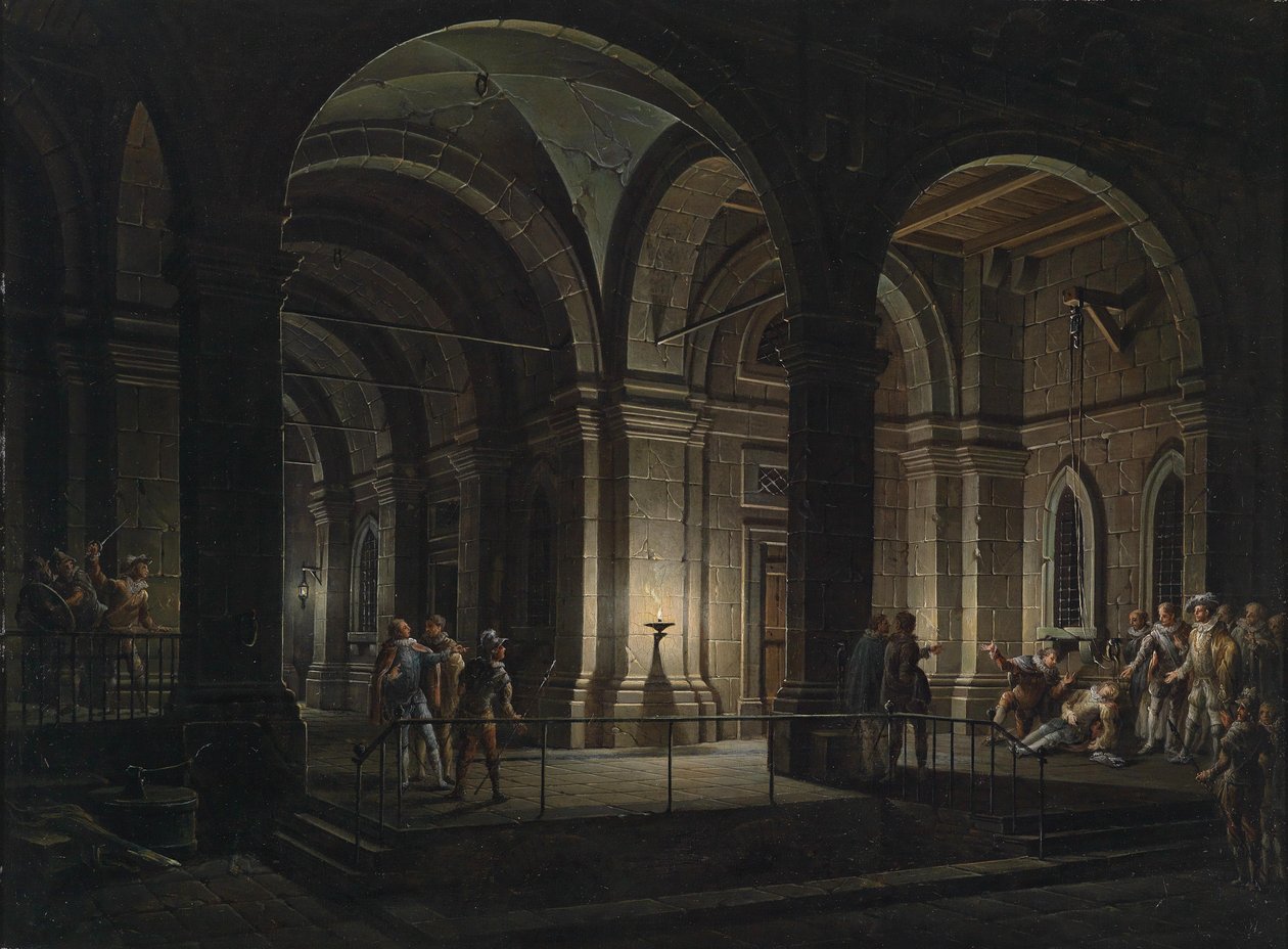 Arquitectura carcelaria fantástica con figuras en trajes del siglo XVII de Josef Platzer