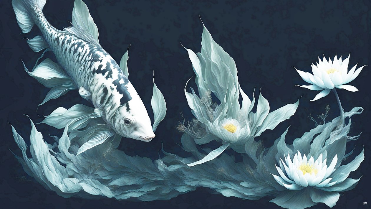 pintura a tinta: Koi-Pez arpa_mármol blanco_03 de Josef Johann Michel