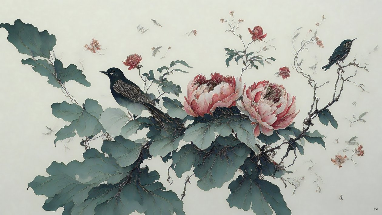 pintura a tinta: PEONY en verde_01 de Josef Johann Michel