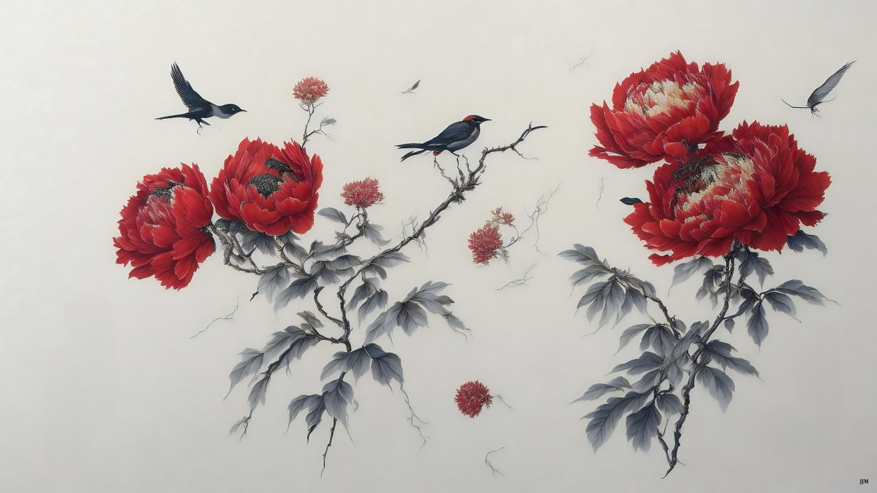 pintura a tinta: PEONY en rojo_02 de Josef Johann Michel