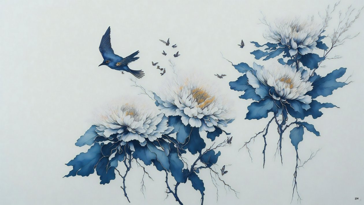 pintura a tinta: flor de crisantemo en azul_01 de Josef Johann Michel