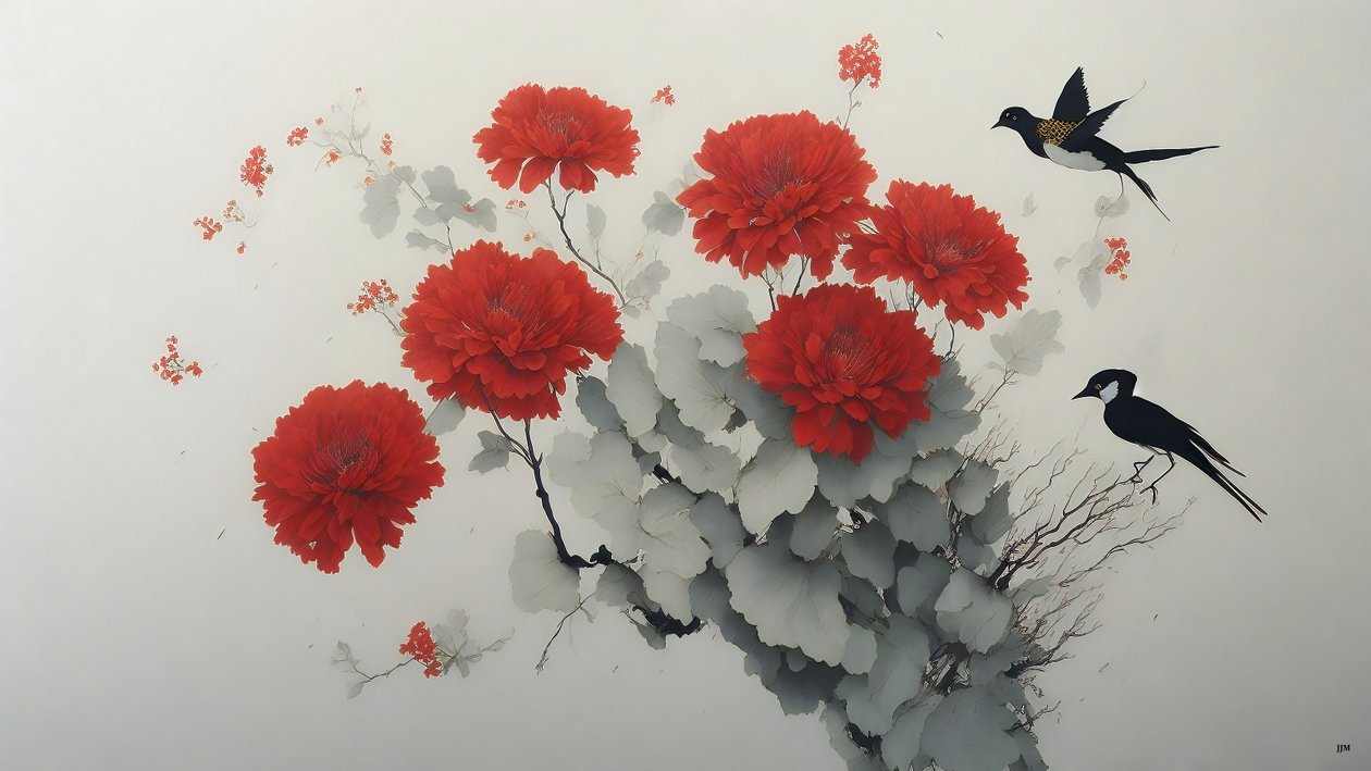 pintura a tinta: flor de crisantemo en rojo_02 de Josef Johann Michel