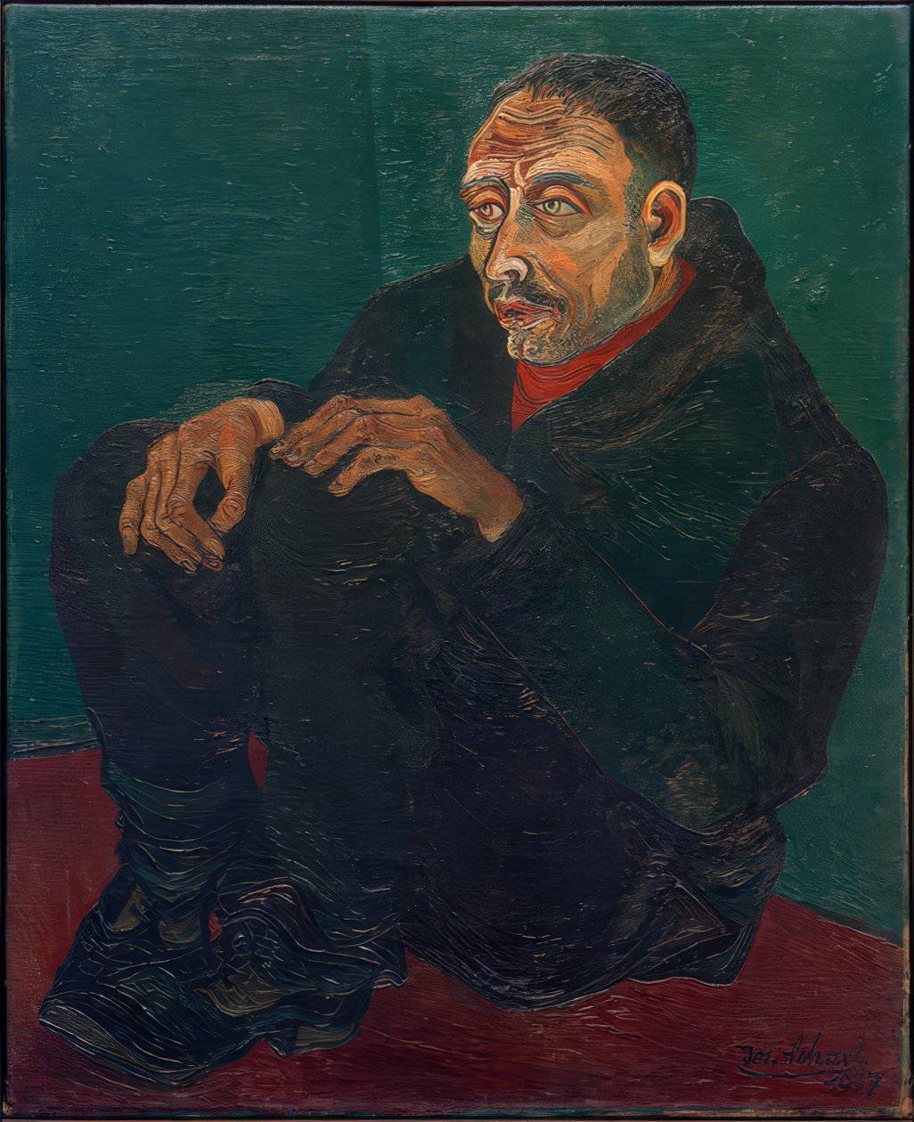 Hombre en cuclillas con traje oscuro de Josef Scharl