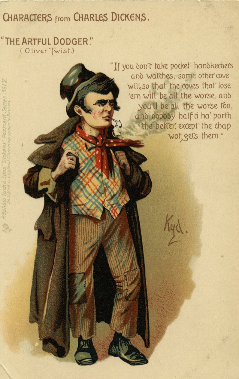 Personajes de Charles Dickens - El Artful Dodger de Oliver Twist, Postal, c.1903 de Joseph Clayton Clarke