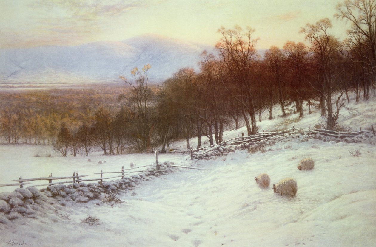 Campos cubiertos de nieve con ovejas de Joseph Farquharson
