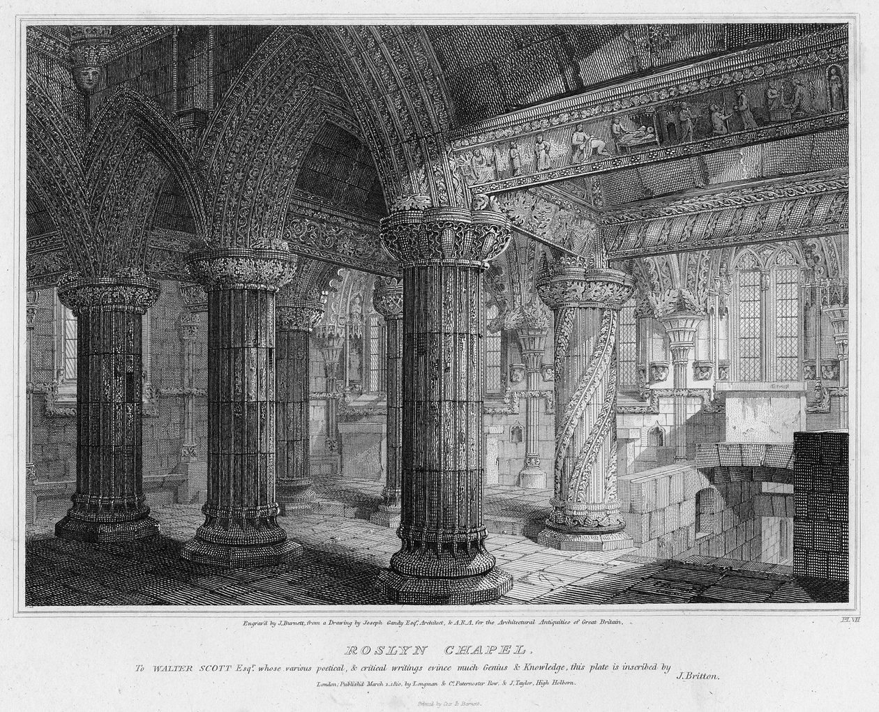 Capilla de Roslyn, grabado por J. Burnett, 1810 de Joseph Michael Gandy