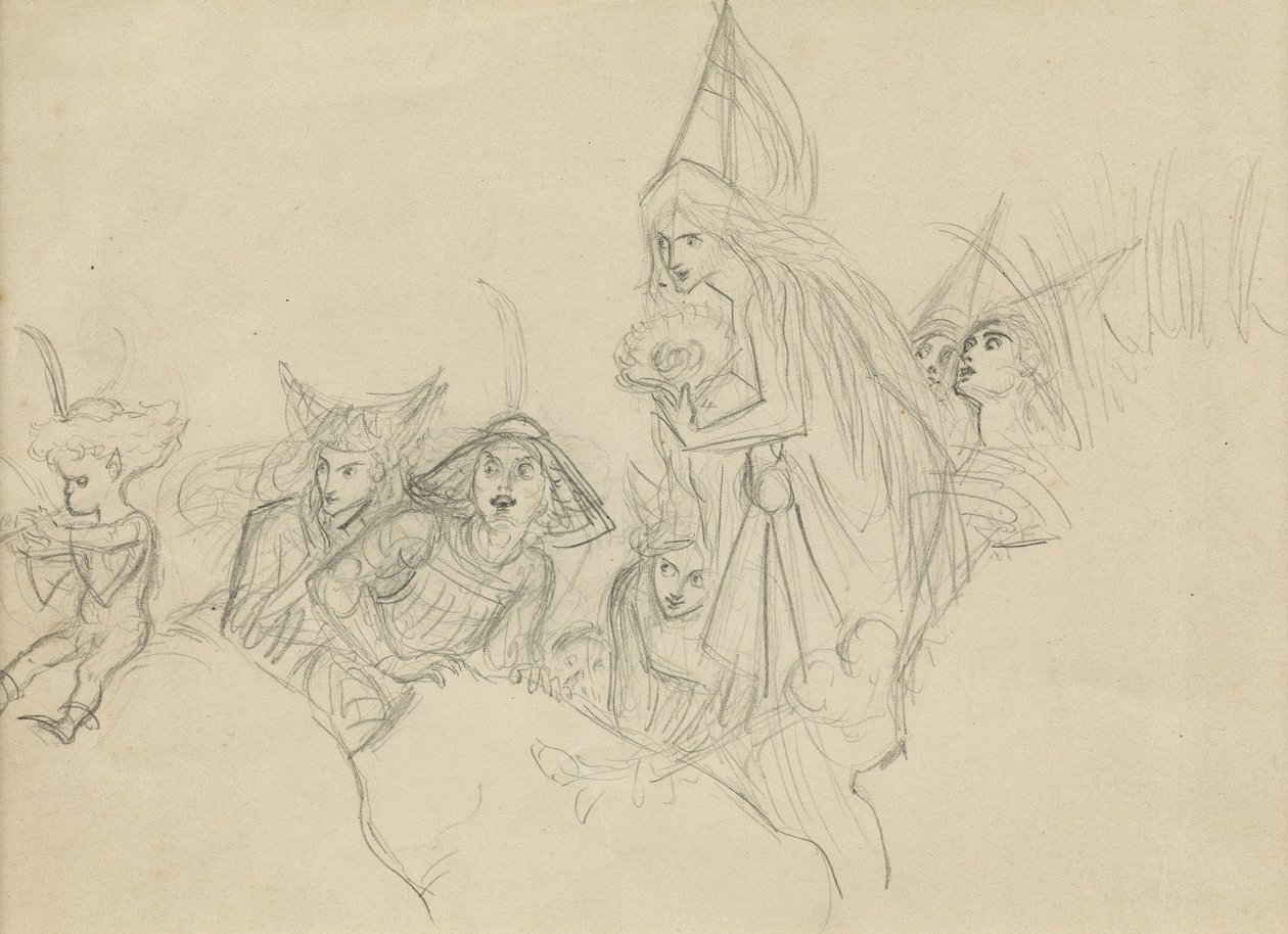 Figuras medievales mirando a un elfo de Joseph Noel Paton