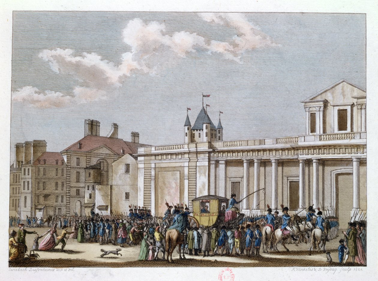 Luis XVI (1754-93) y su familia llevados al Templo, 13 de agosto de 1792, grabado por Reinier Vinkeles (1741-1816) y Daniel Vrydag (1765-1822) 1801 de Joseph Swebach Desfontaines