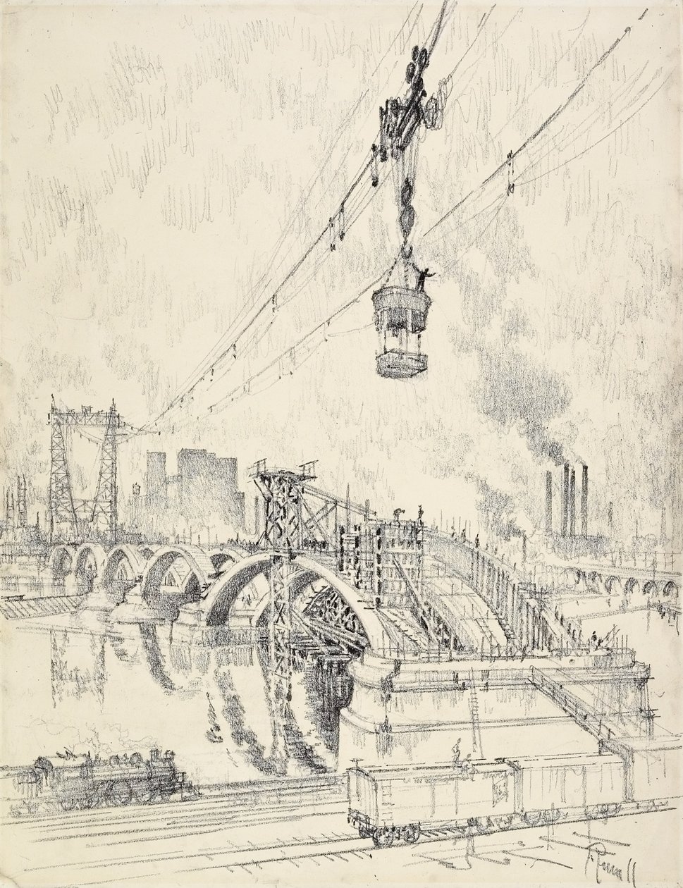 Construyendo el Puente, Minneapolis, 1915 de Joseph Pennell