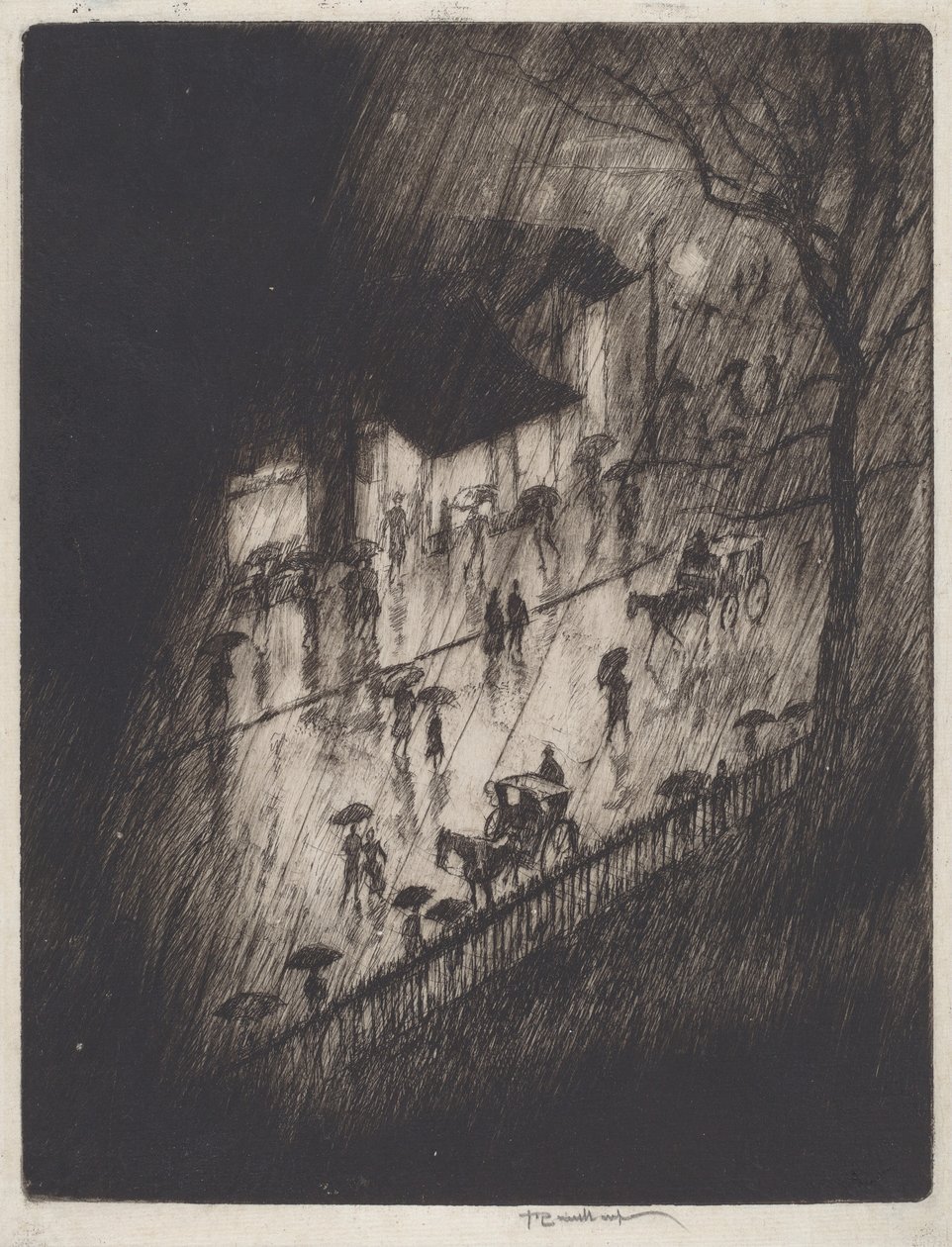 Noche lluviosa, tiendas de Charing Cross de Joseph Pennell