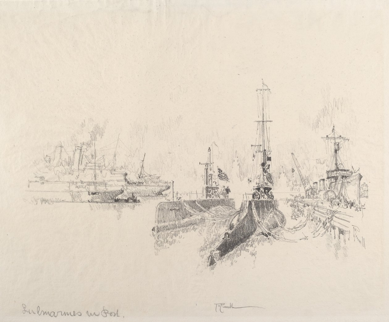 Submarinos en el puerto, 1917 de Joseph Pennell