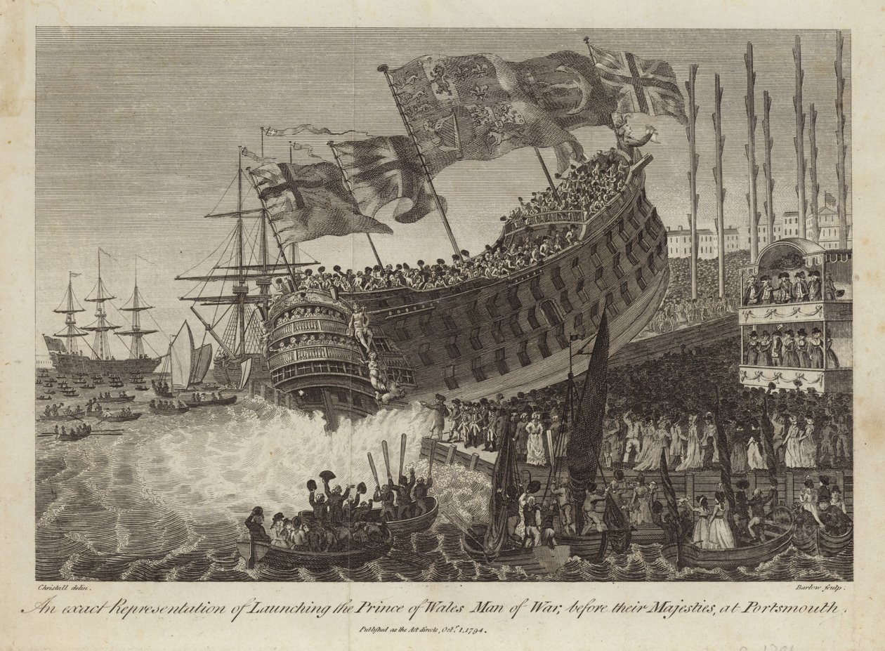 Lanzamiento del Príncipe de Gales, Hombre de Guerra, ante sus Majestades en Portsmouth de Joshua Cristall