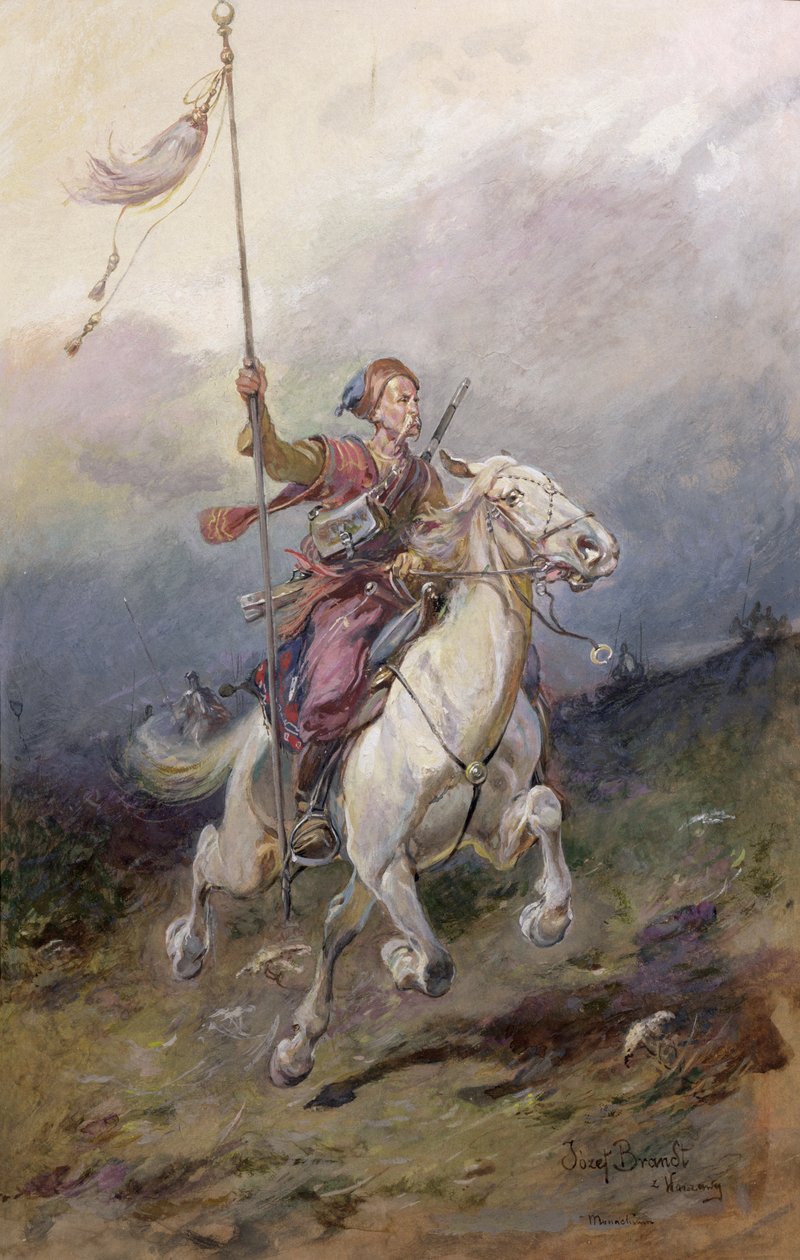 El explorador, un jinete de caballería polaca del siglo XVII en un caballo blanco de Jozef Brandt