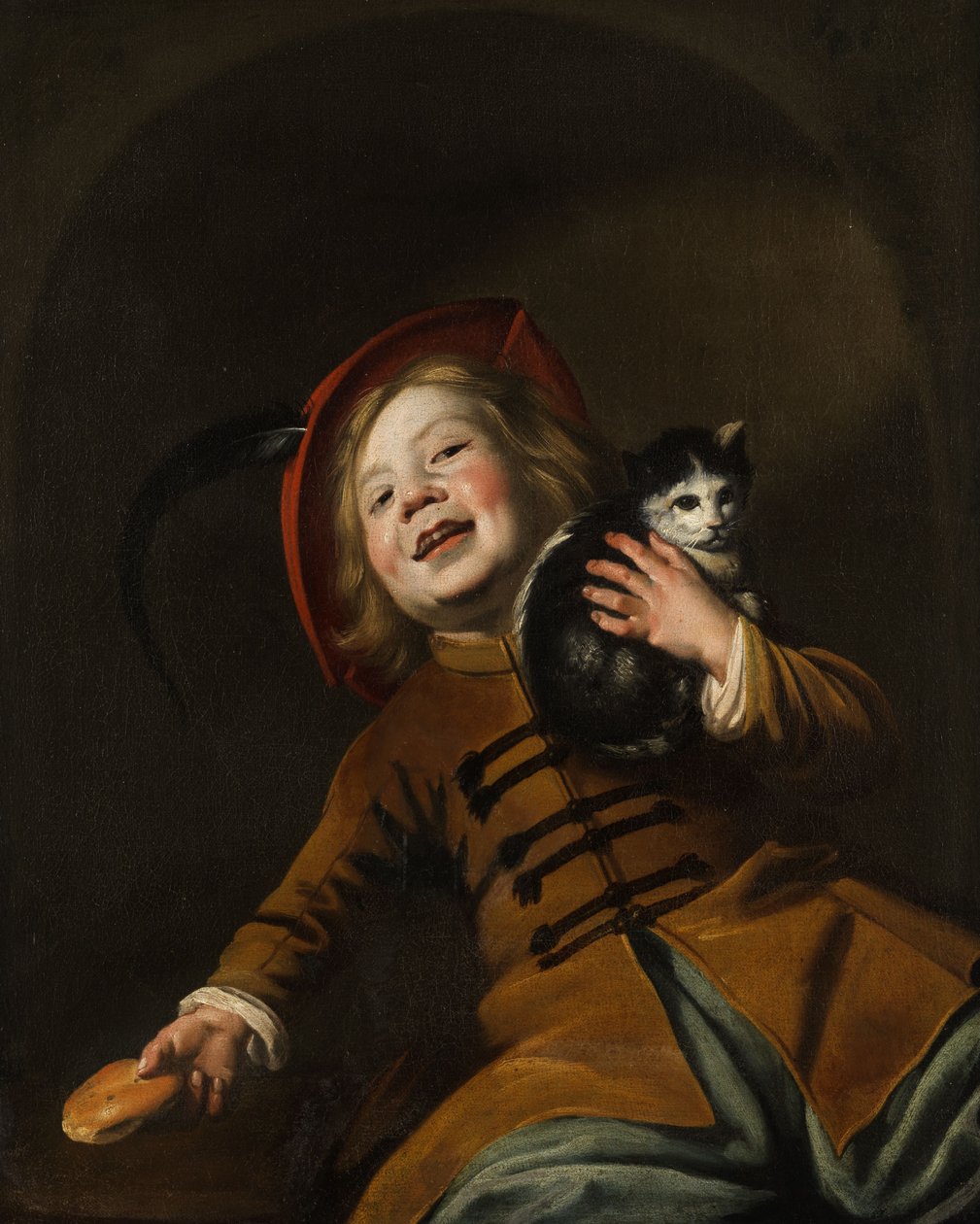 Retrato de un niño con gato, sombrero rojo y un trozo de pan de Judith Leyster