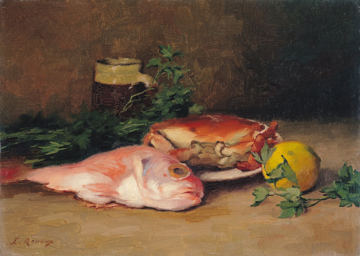 Cangrejo y salmonete rojo de Jules Ernest Renoux