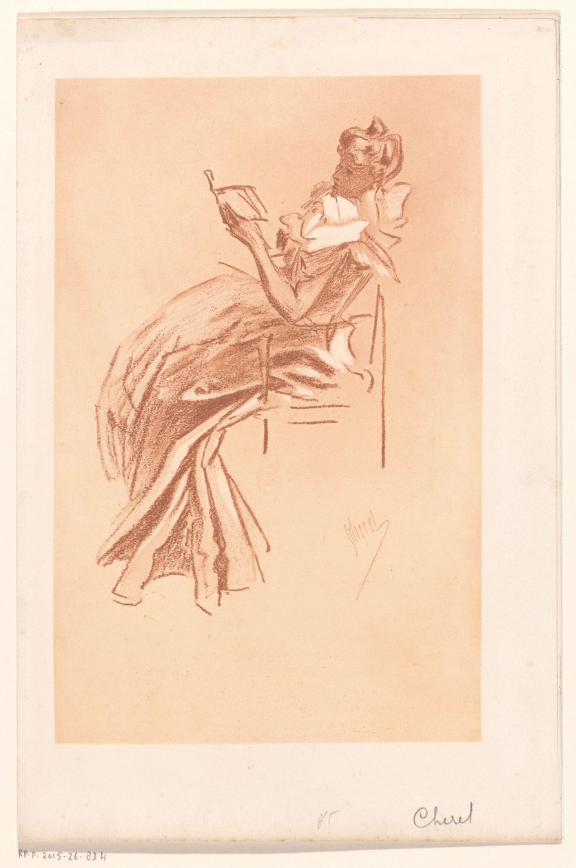 Mujer joven leyendo en una silla de Jules Cheret