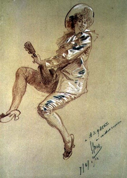Pierrette sentada, tocando la mandolina de Jules Cheret