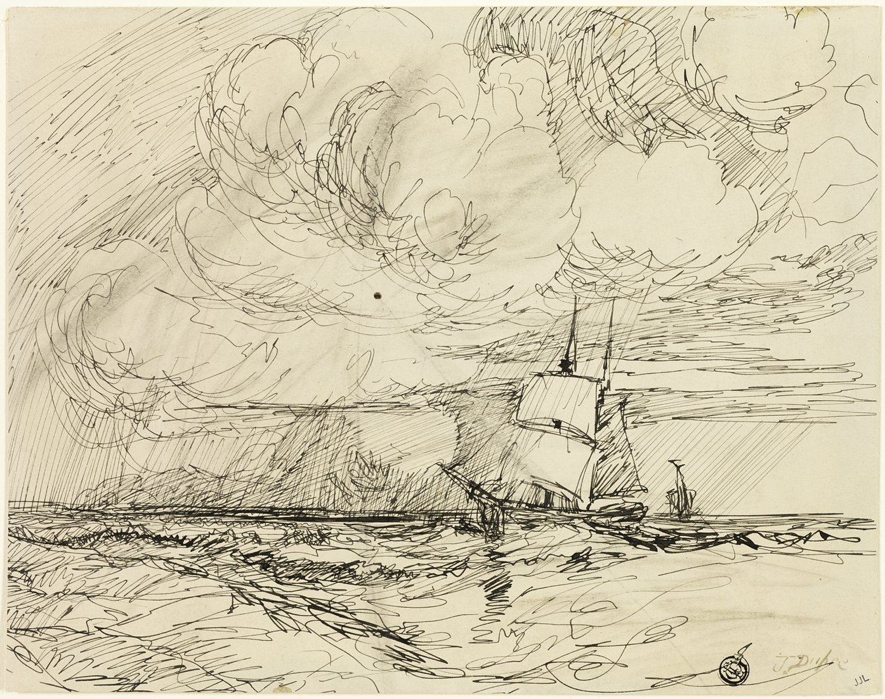 Barcos en el Mar Durante Tormenta de Jules Dupré