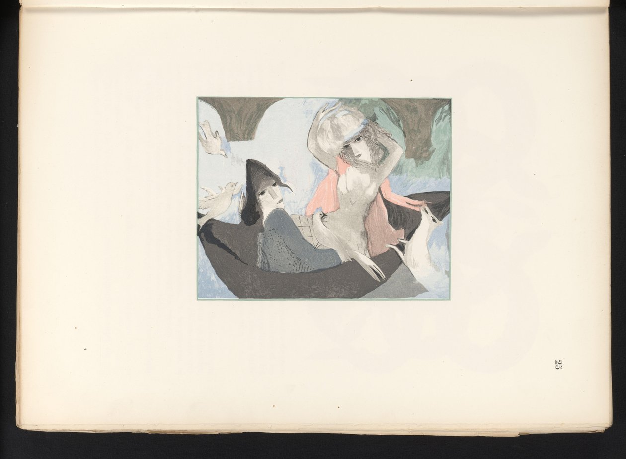 Dos figuras femeninas con pájaros y un perro de Jules Germain