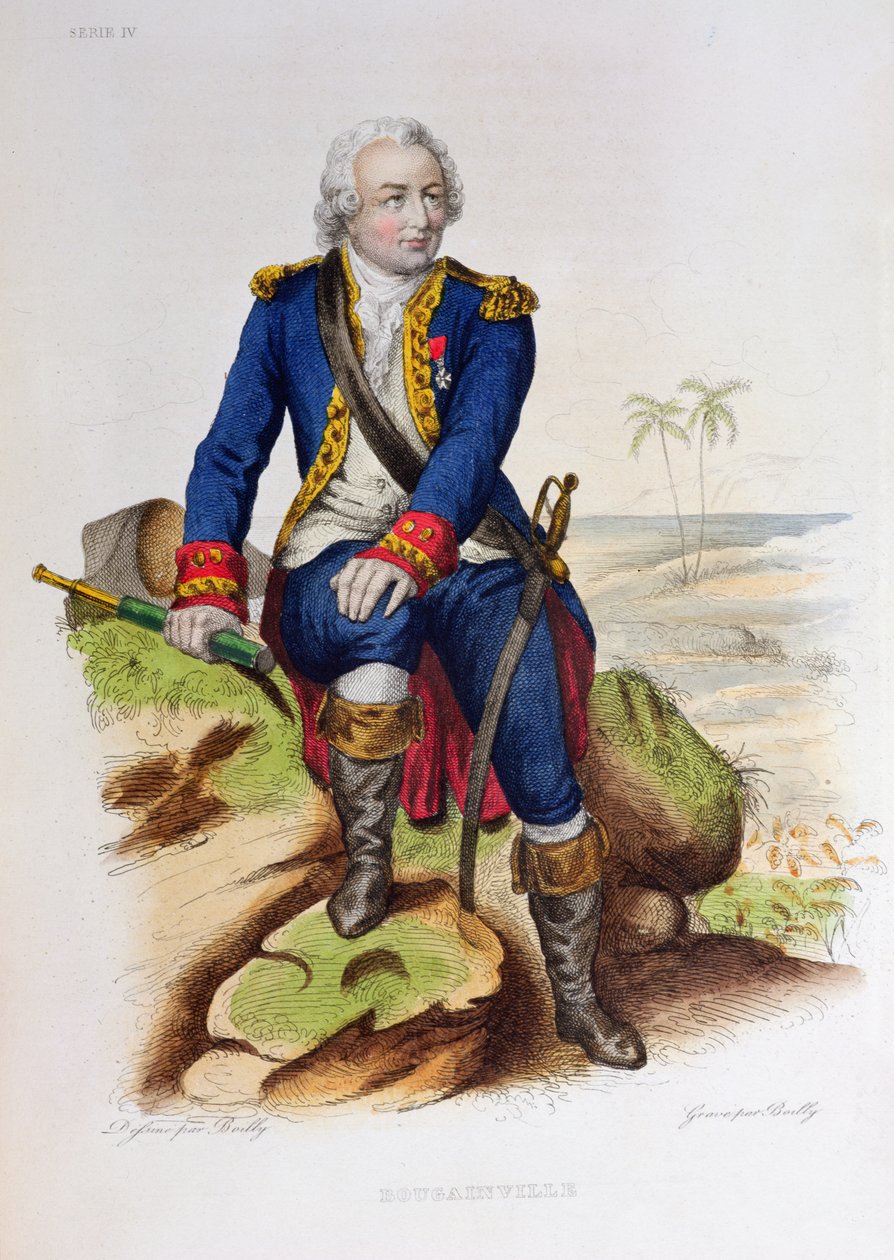 Louis Antoine de Bougainville (1729-1811) sentado en una roca, ilustración de 