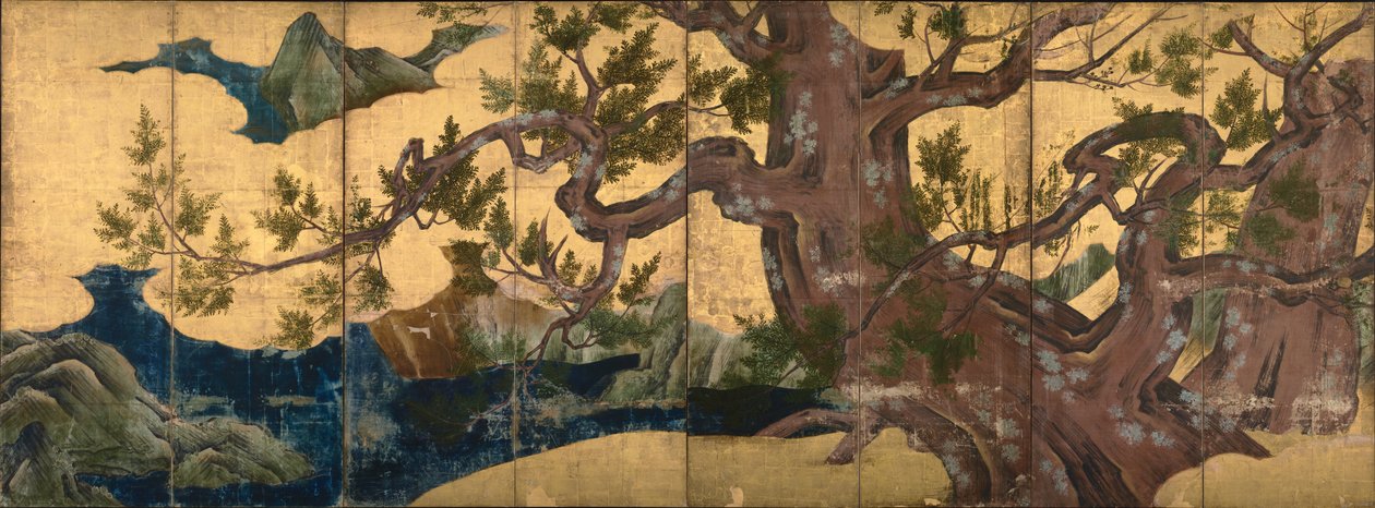 biombo que representa un ciprés de Kano Eitoku